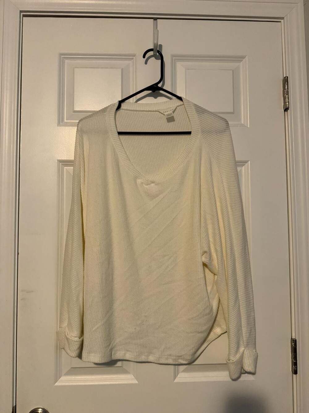 Caslon Women's Ribbed V-Neck Long Sleeve Pullover Sweater Cream Size L
